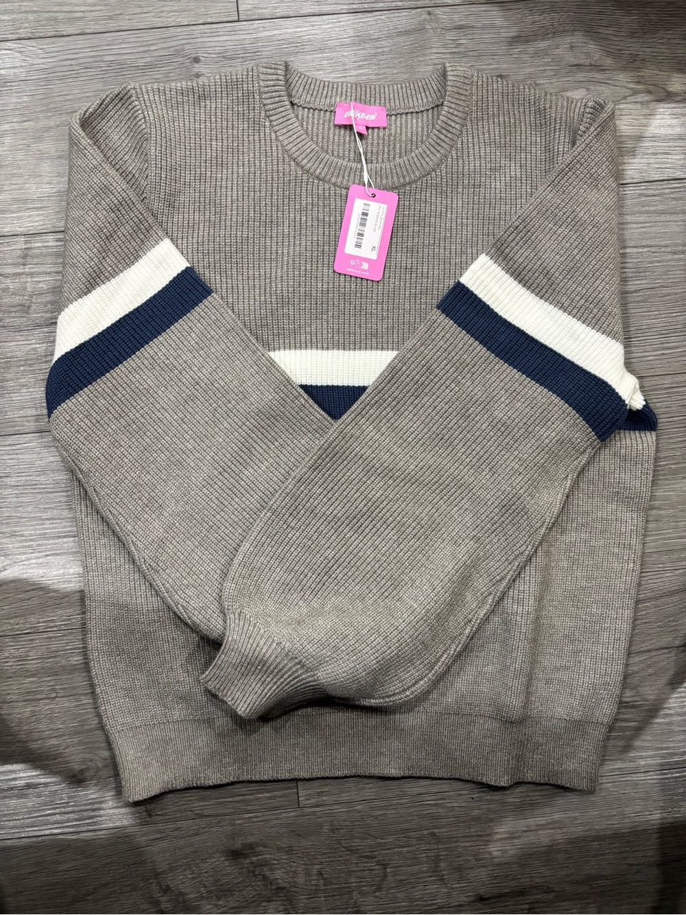 Edikted Taupe Crewneck Sweater with Navy & White Stripes